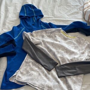 Old Navy Active wear lot. Blue Hooded Top, Gray Camo Long-Sleeve, volcano tee